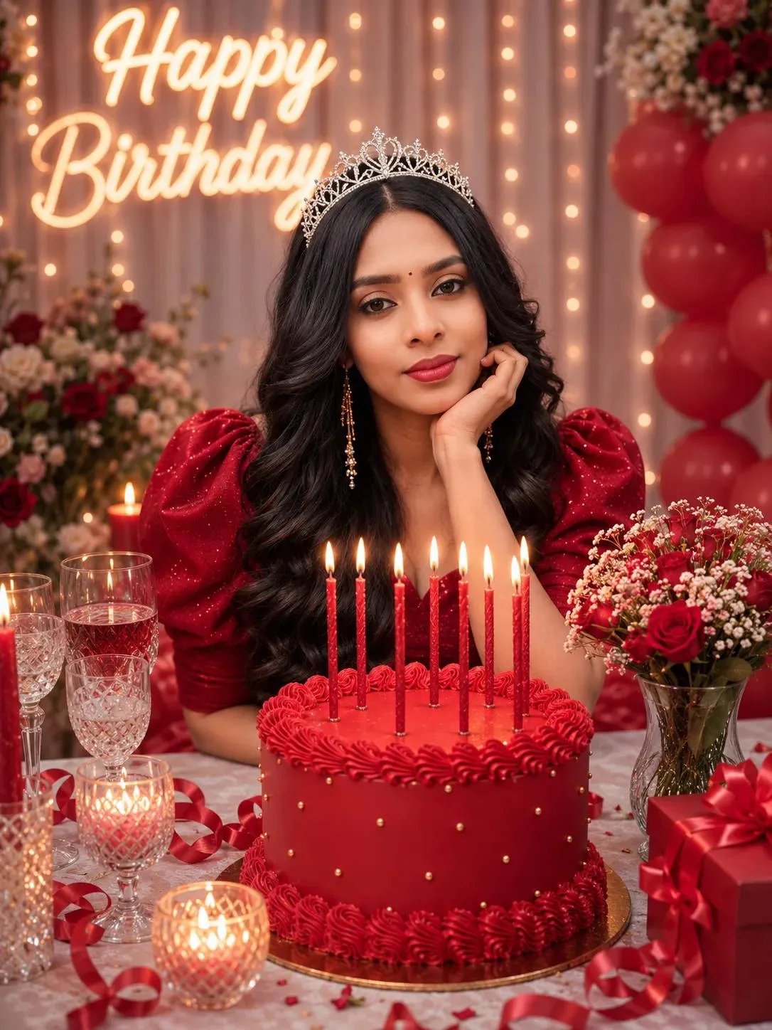 A beautiful young woman with fair skin and long wavy brown hair, styled neatly, wearing a soft deep red puff-sleeve dress and a sparkling