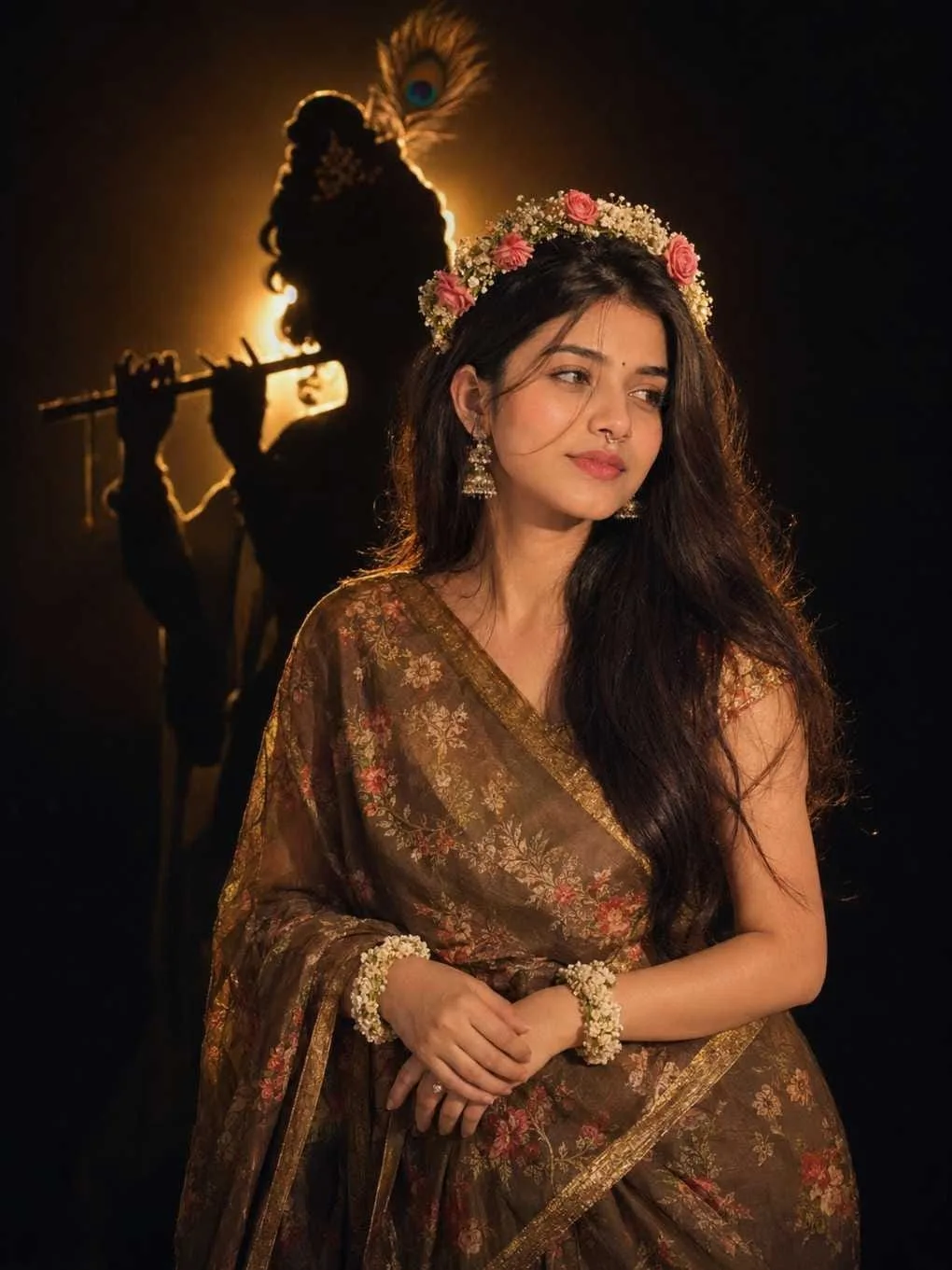 Ultra-realistic cinematic portrait of a young above woman, medium close-up waist-up framing, body turned slightly 3/4 to her left,