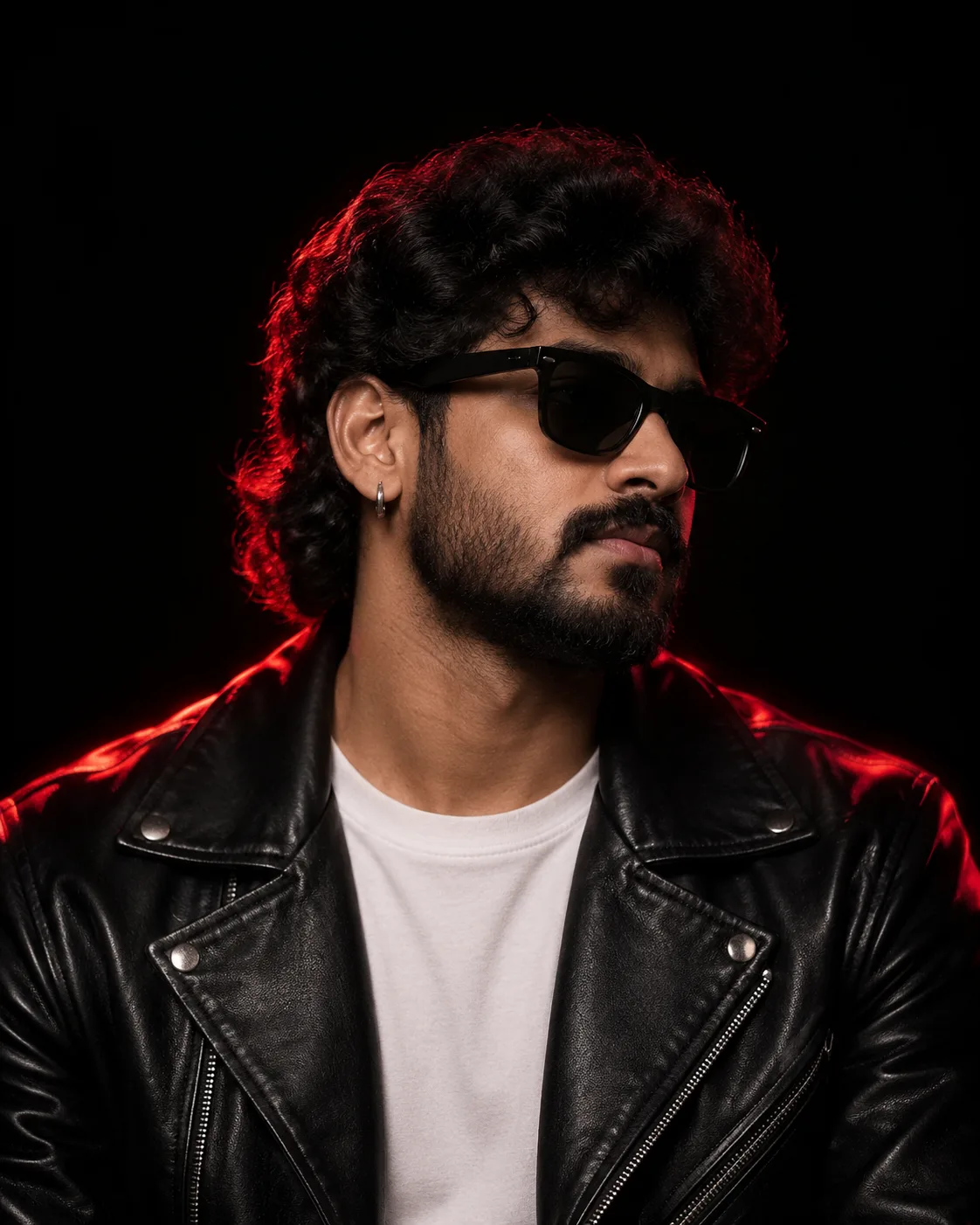 A premium cinematic close-up fashion editorial portrait of a stylish young South Indian man against a completely black seamless studio