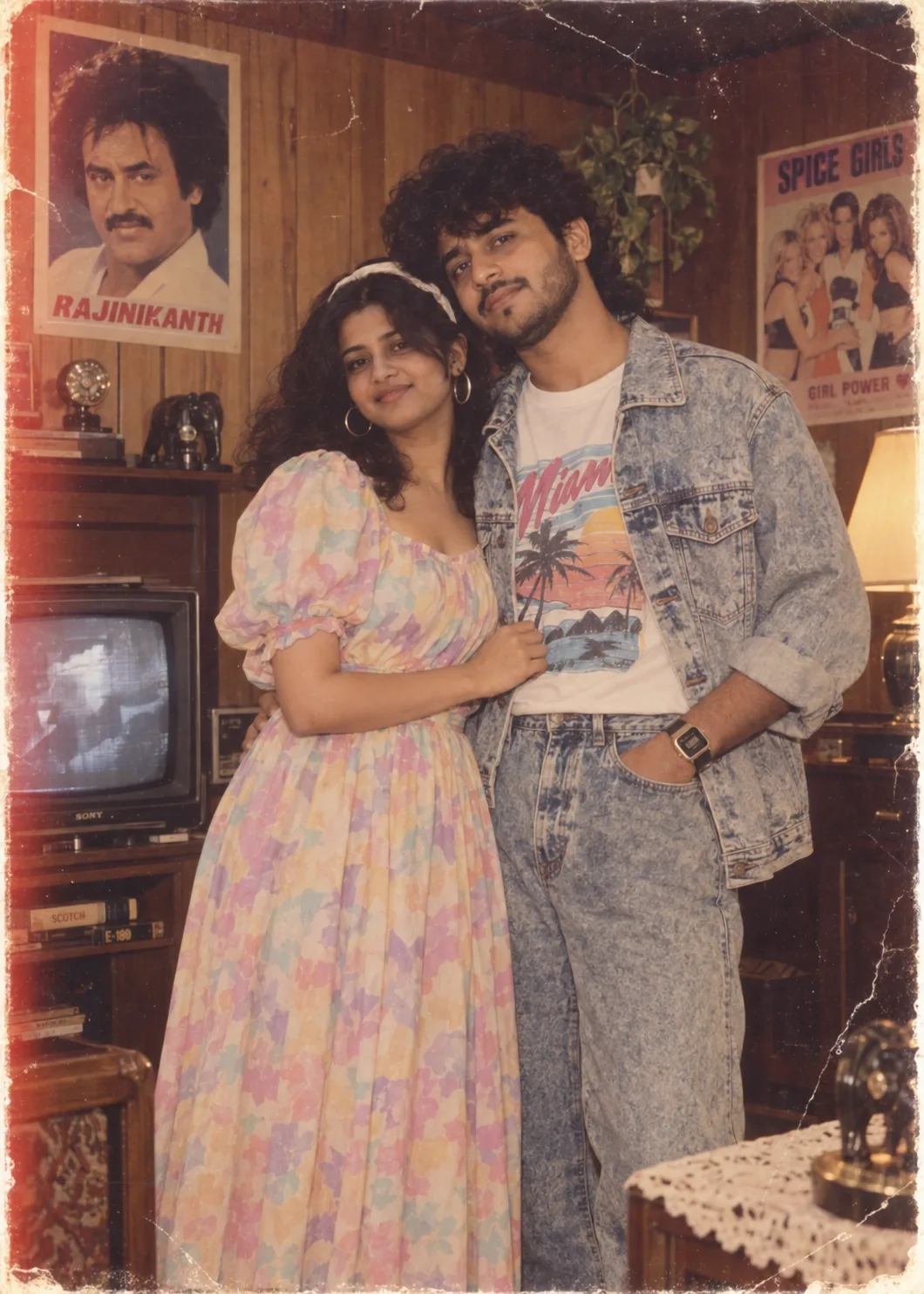 Transform the uploaded photo into realistic 1980s vintage couple portrait whilepreserving both people's exact facial identityskin tone