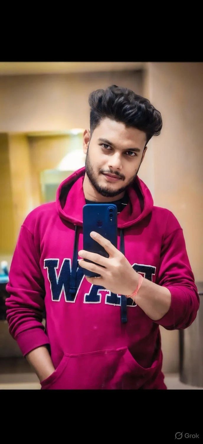 A photorealistic, high-resolution portrait of a 26-year-old Indian man, height 5 feet 5 inches, posing for a mirror selfie in an indoor