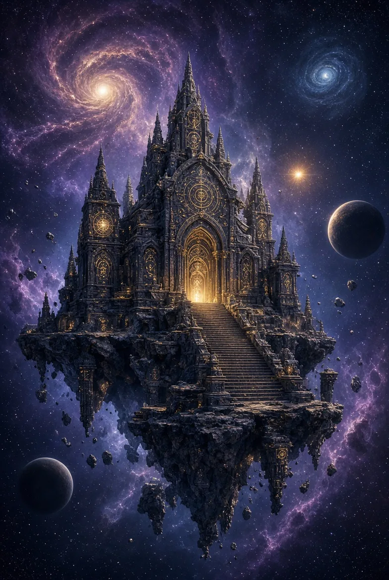 Ancient mystical temple floating in deep space, monumental stone architecture covered with glowing celestial symbols, distant galaxies and
