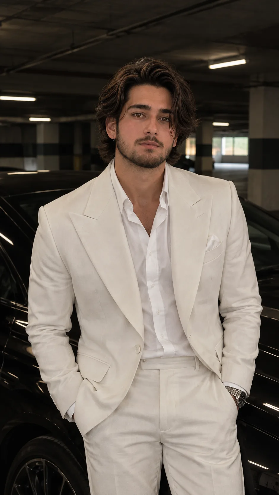 **Ultra-realistic cinematic luxury fashion portrait of a handsome young adult man standing beside a sleek black luxury car in a dimly lit