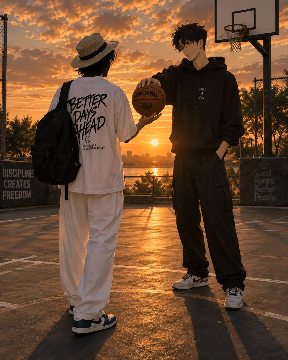 Photorealistic sunset basketball court, 4:5.