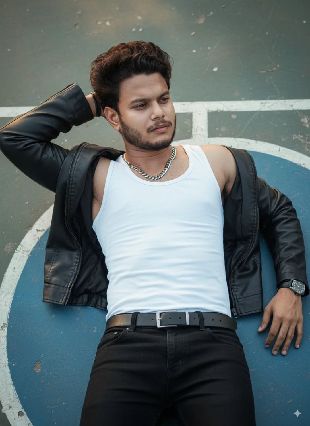 **Prompt:** A handsome young South Asian man in his early 20s lying on his back on a blue outdoor basketball court with white painted