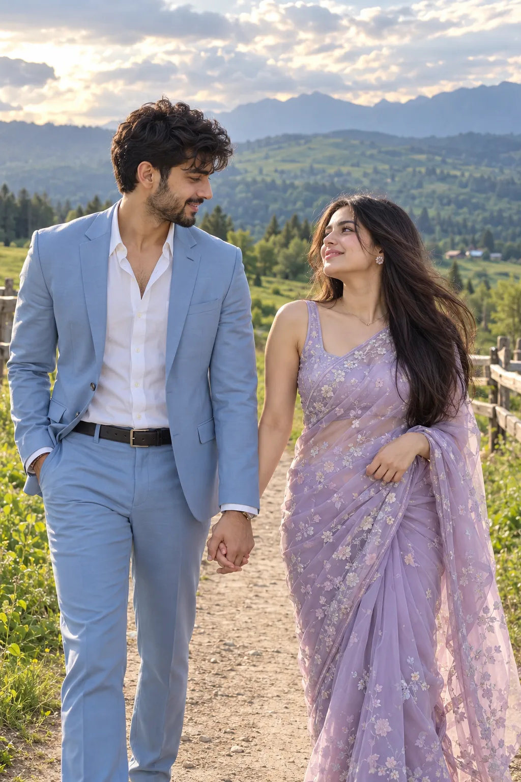 A REALISTIC, ROMANTIC PORTRAIT OF A HANDSOME YOUNG SOUTH ASIAN COUPLE HOLDING HANDS WHILE WALKING ALONG A DIRT PATHWAY OUTDOORS.
