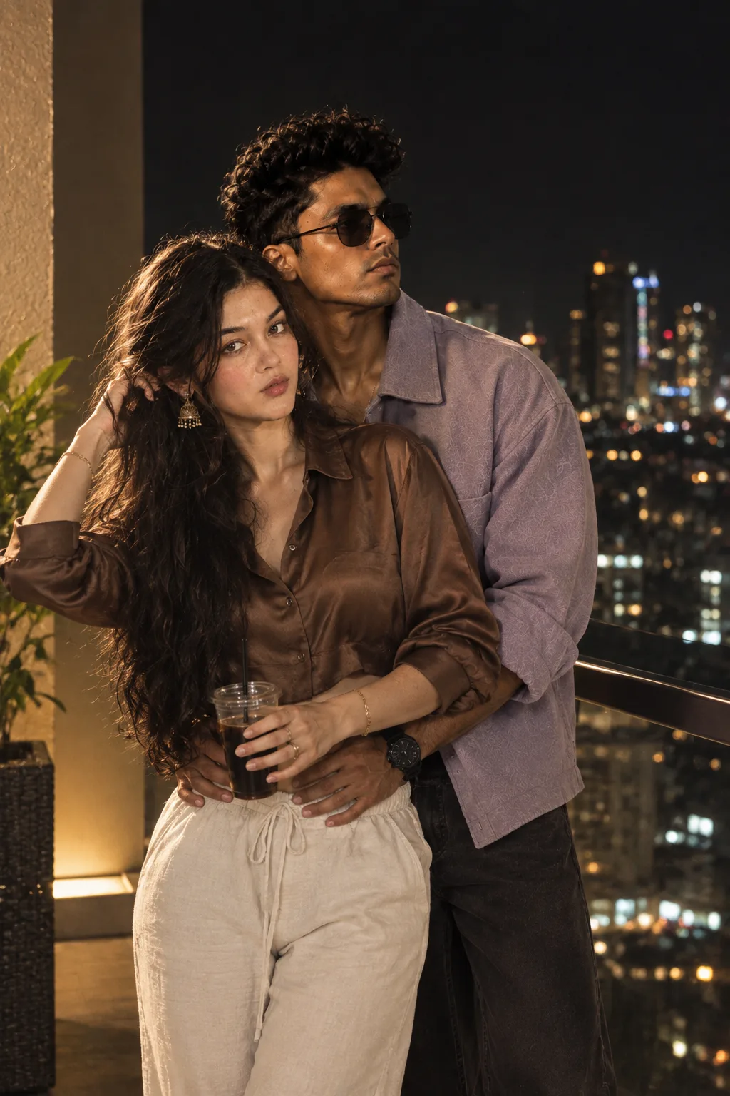 Prompt Ultra-realistic cinematic nighttime couple portrait on a modern luxury balcony overlooking a glowing city skyline.