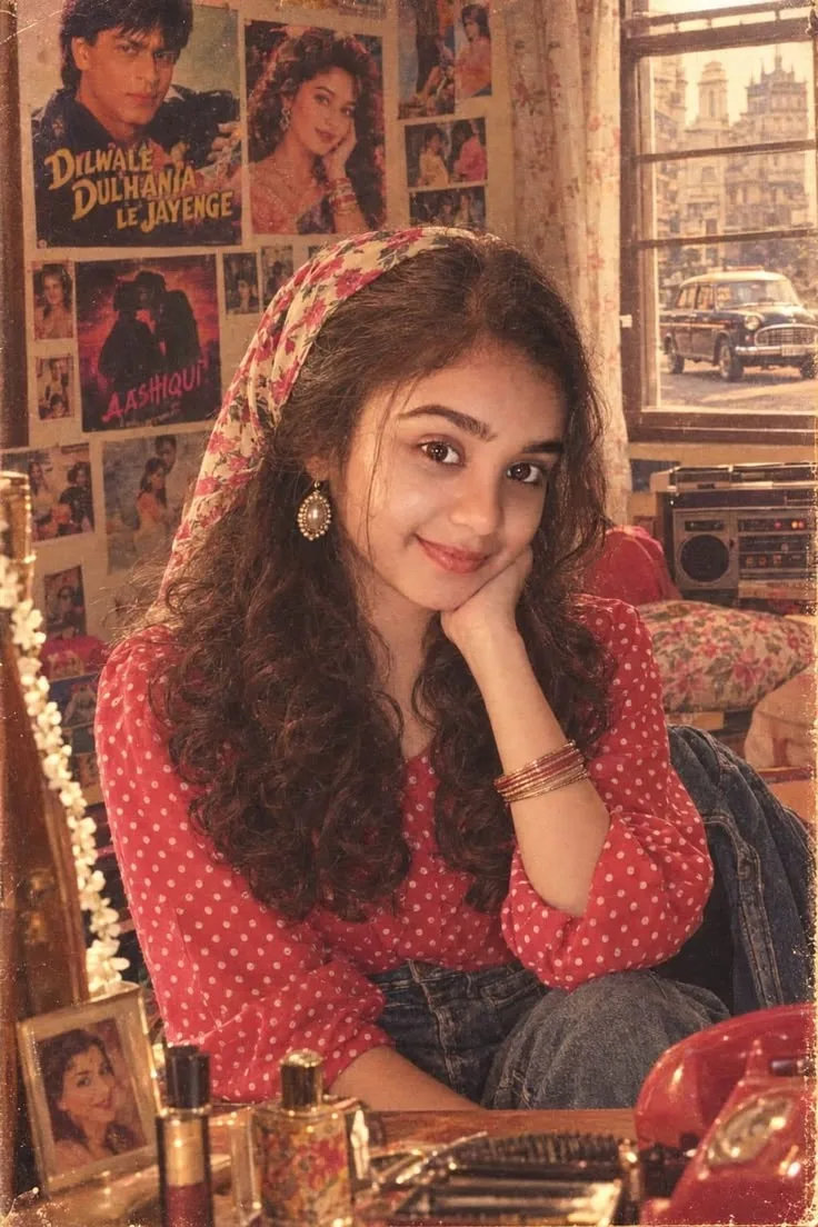 Vintage 90s Bollywood Nostalgia Portrait of Young Woman at Vanity Table