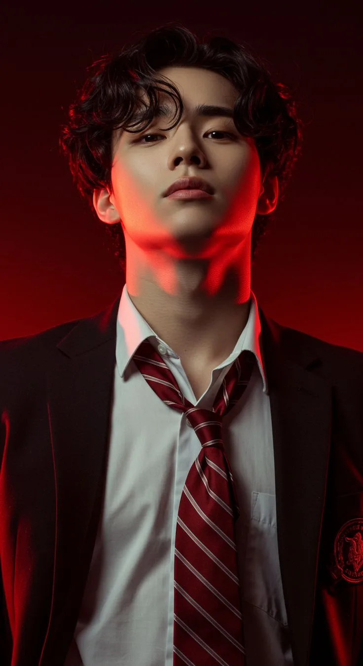 Cinematic low-angle close-up portrait of a handsome young East Asian man with messy, wavy dark hair.