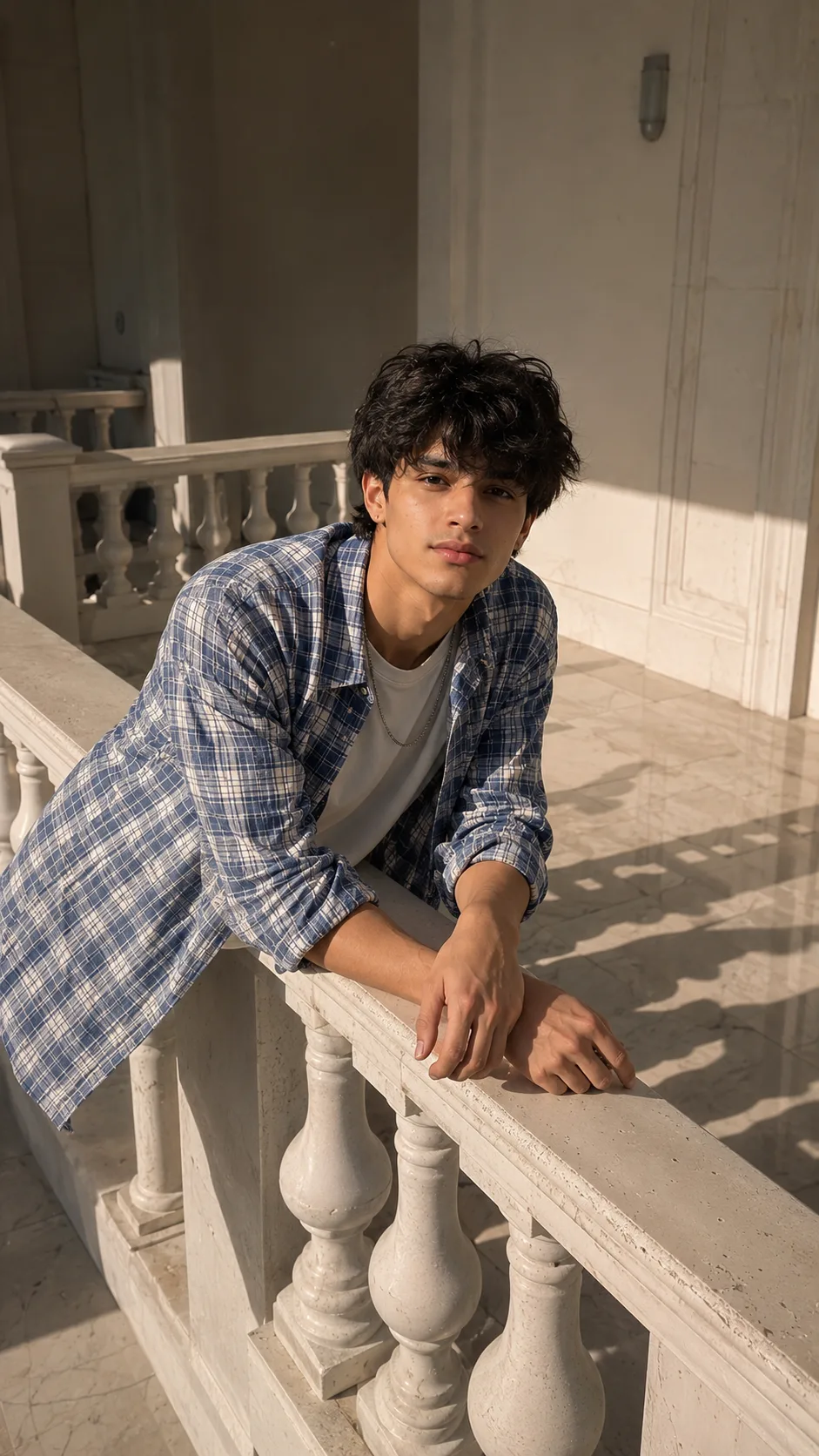 Style: Ultra-realistic lifestyle photography × contemporary menswear editorial × architectural portrait × natural sunlight × minimalist