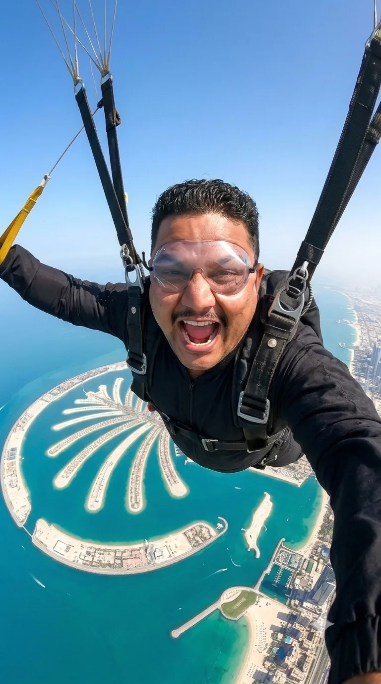 Photorealistic 4K ultra-HD vertical adventure selfie of a man skydiving high above Dubai, with the iconic Palm Jumeirah clearly visible far