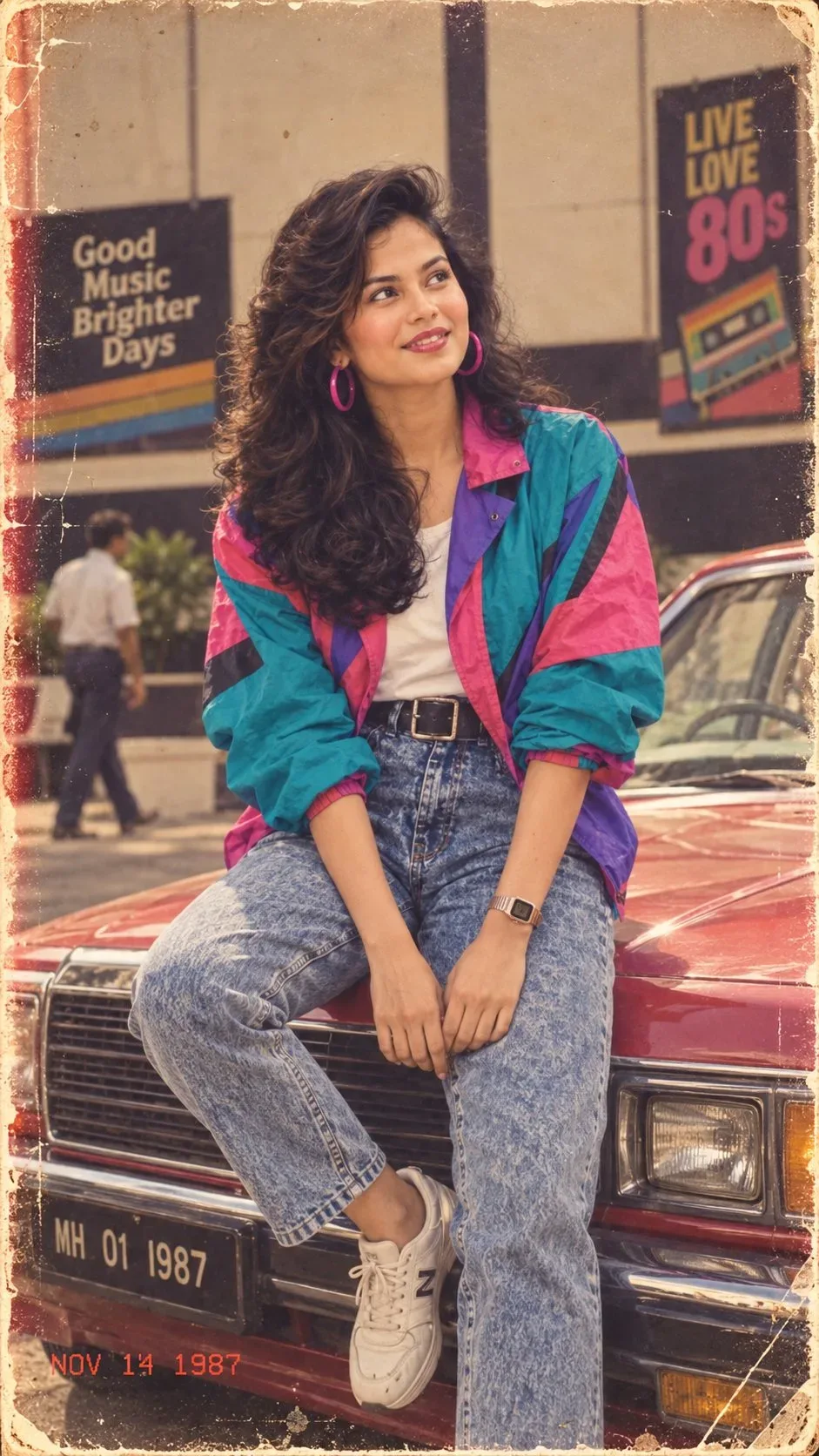 Create an ultra-realistic vertical portrait of a completely fictional young Indian woman in November 1987, sitting casually on the front