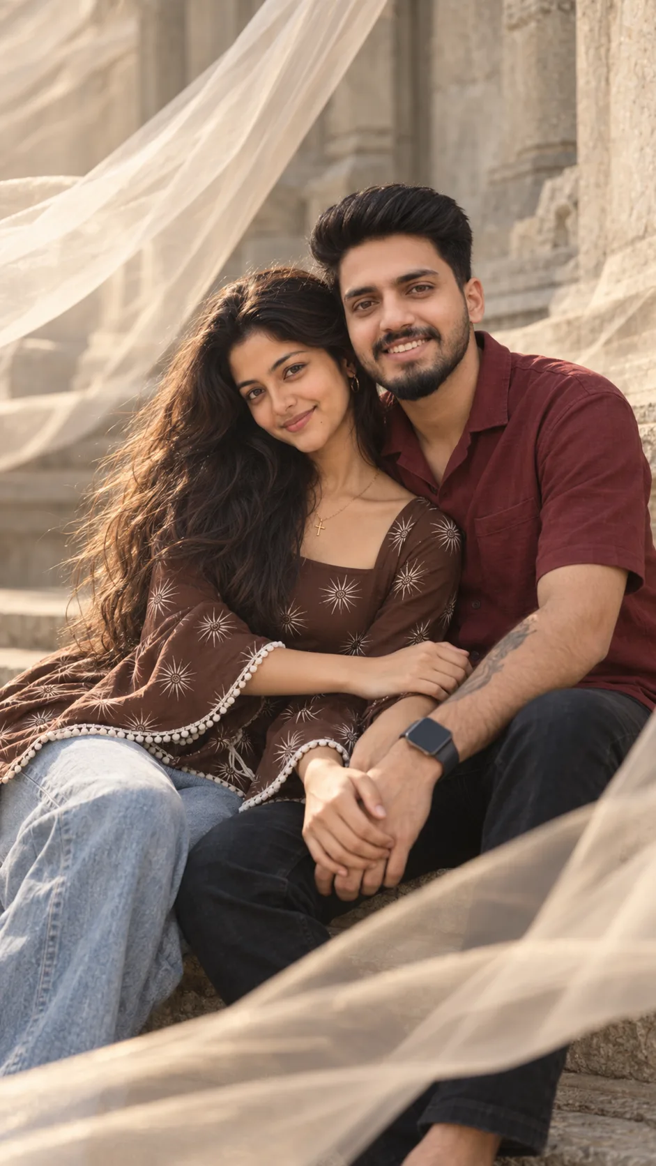 A high-end magazine photography tip used to create a romantic aesthetic portrait of a couple that combines typography with translucent silk
