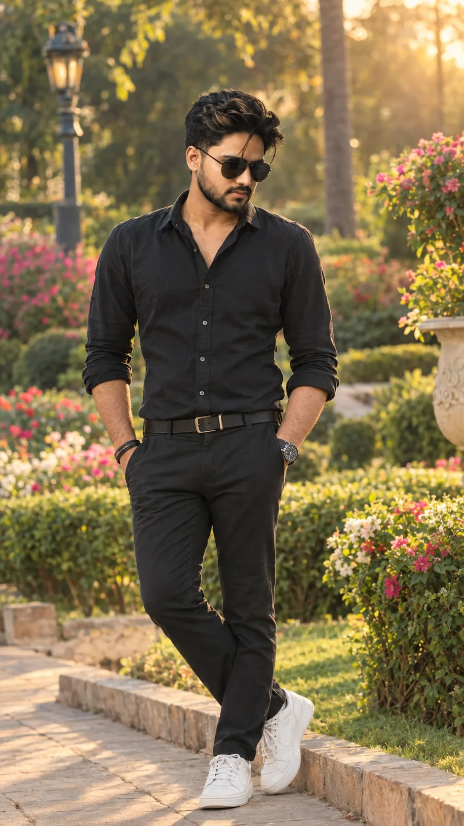 A handsome young South Asian man wearing a stylish modern outfit, standing confidently in a beautiful luxury garden with colorful flowers,