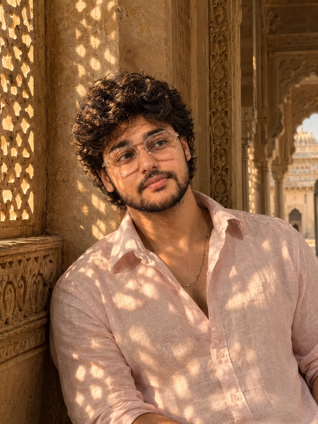 "A warm, cinematic golden-hour portrait of a young man with short, thick, dark brown tousled hair with a soft side-swept fringe, gazing off