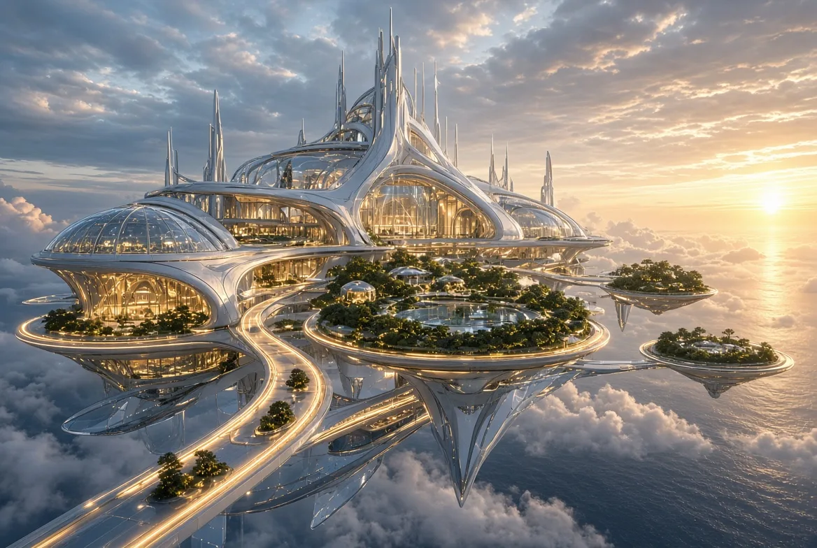 A magnificent futuristic palace floating above a vast ocean, elegant white and metallic architecture, enormous glass walls, glowing golden