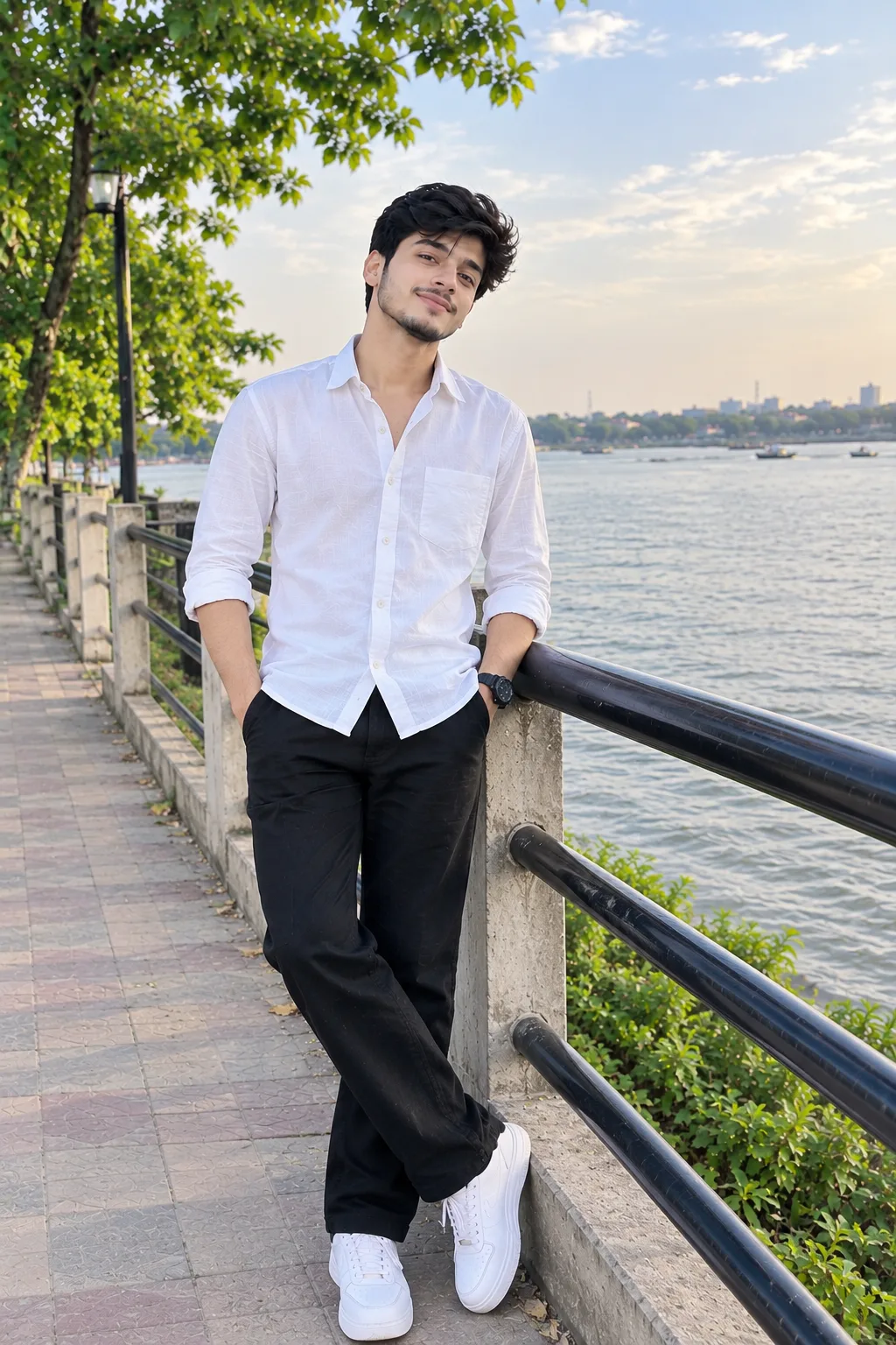 A young man standing casually beside a beautiful riverside walkway during the daytime, wearing a crisp white shirt, black pants, and clean