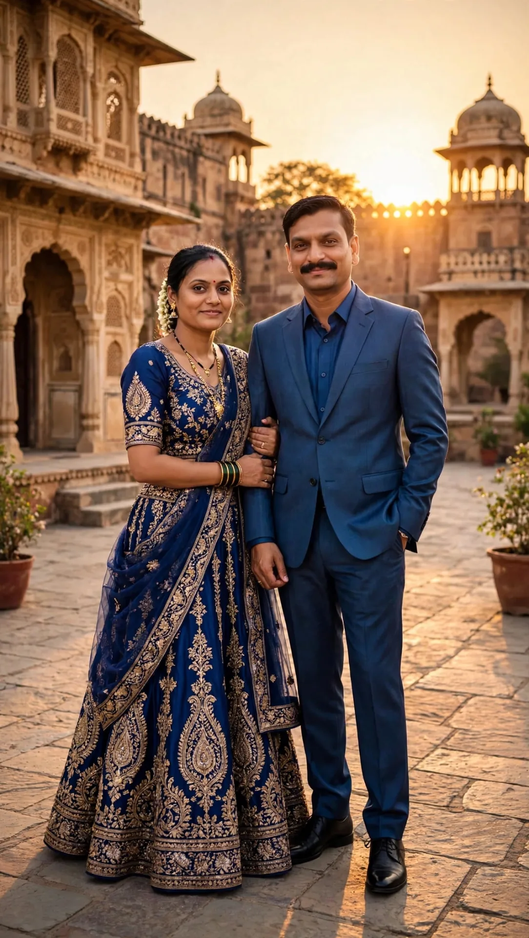 A FULL-LENGTH VERTICAL PHOTO FRAMING AN INDIAN COUPLE HOLDING HANDS AND WALKING ALONG AN OUTDOOR STONE PATHWAY, FRAMED NATURALLY THROUGH AN