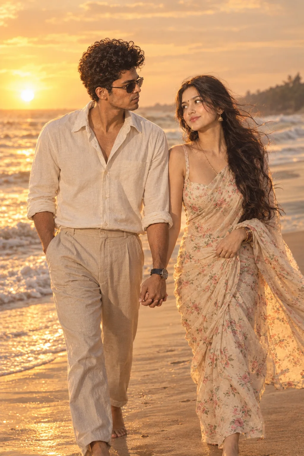Create a realistic romantic couple photo of the two people walking barefoot along a beach during golden hour.