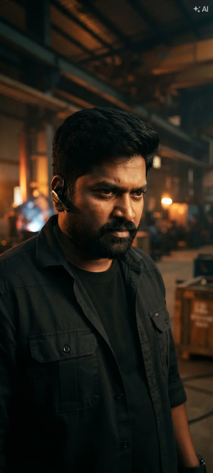 A cinematic medium shot of a rugged South Indian man with a well-groomed short beard, mustache, and stylish short hair.