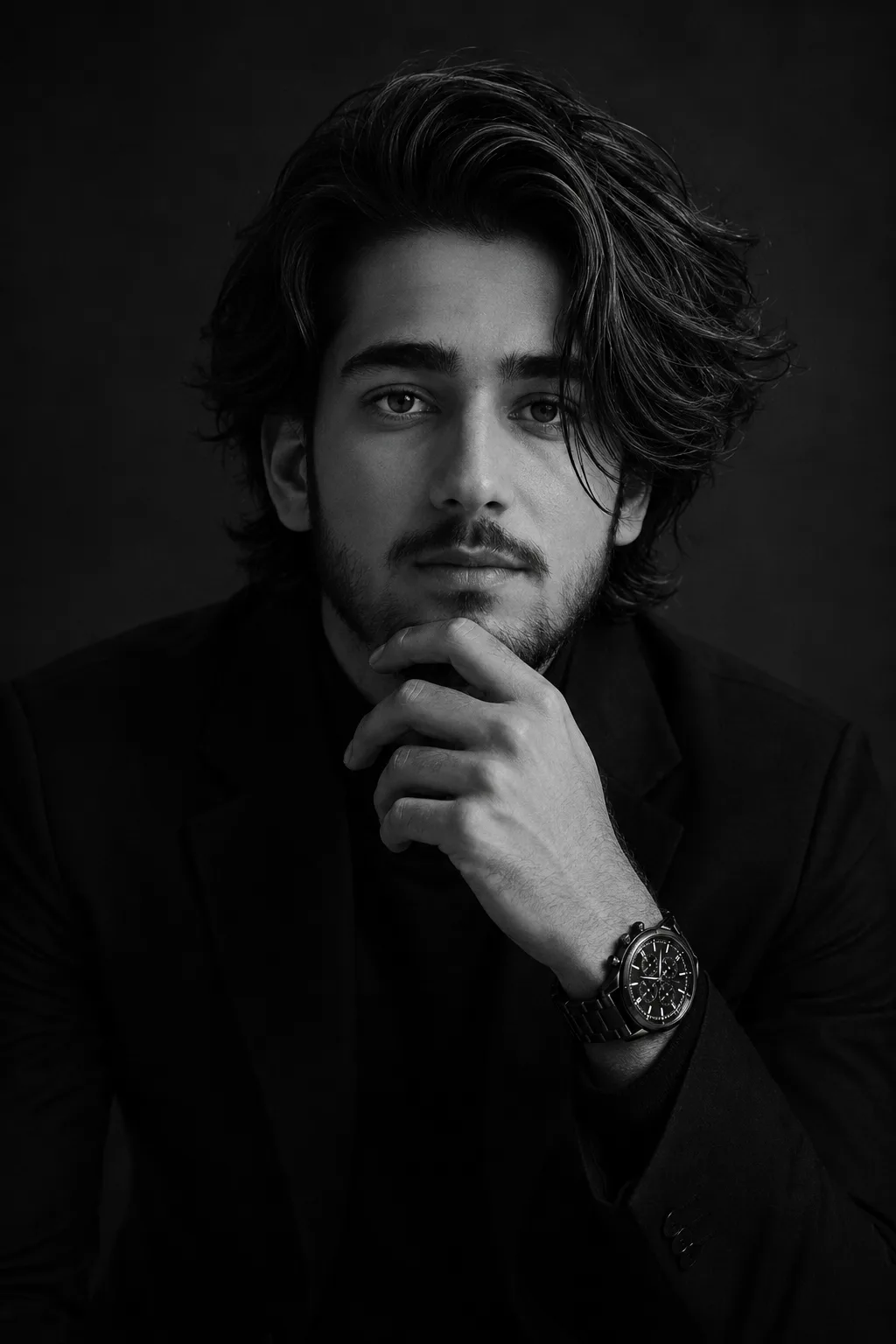 A highly cinematic, photorealistic black-and-white portrait of a handsome young adult man, captured in a dark, moody studio setting.