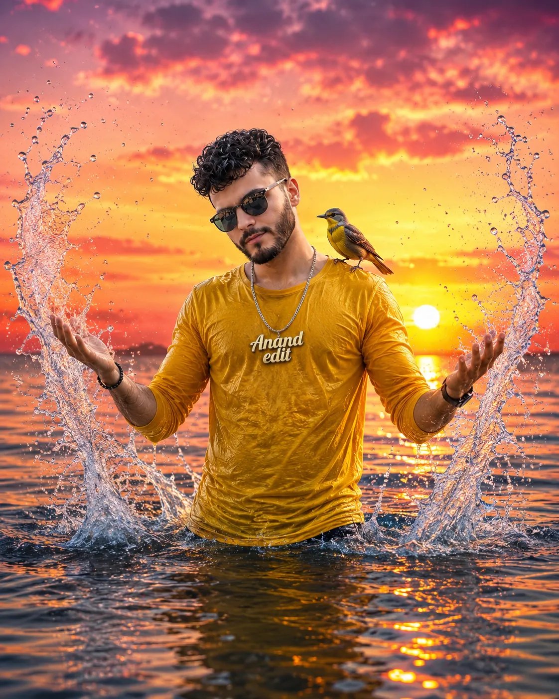 Young man with dark hair and , wearing a yellow long-sleeved shirt and 3D text Anand edit necklace, stands waist-deep in water.