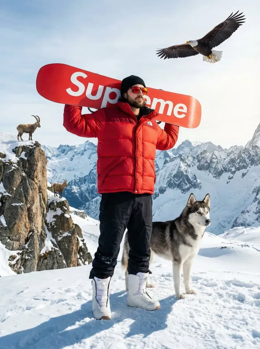 Create a photorealistic image of a man (use the uploaded photo for 100% accurate facial reference) standing on a snowy mountain peak.