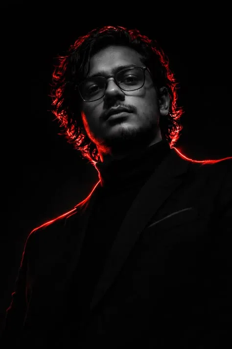 A low-angle cinematic low-key portrait of a young South Asian man with curly dark hair and eyeglasses, looking down towards the camera with