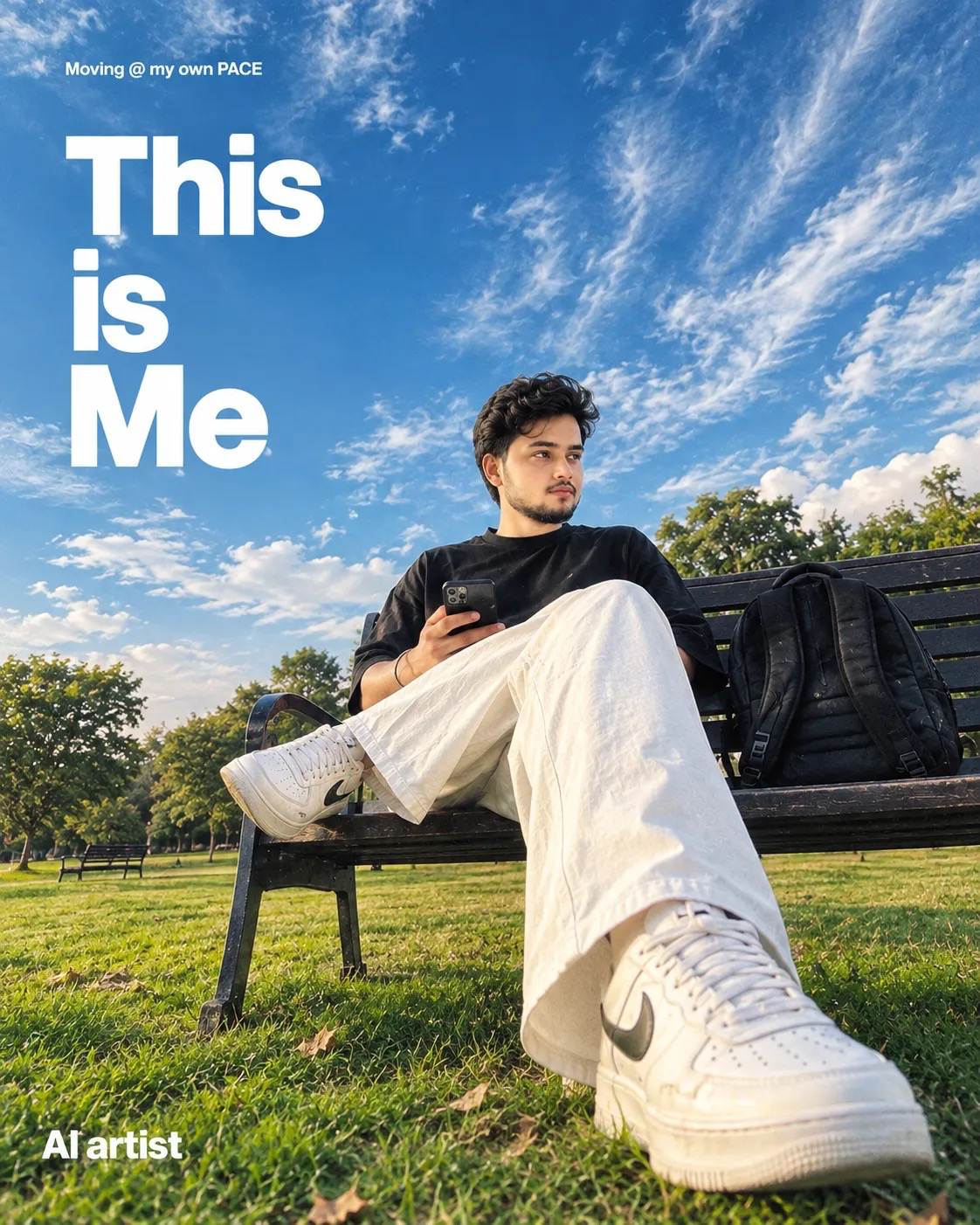 Minimalist contemporary lifestyle editorial poster of a stylish young man relaxing on a dark wooden park bench in a wide green lawn,
