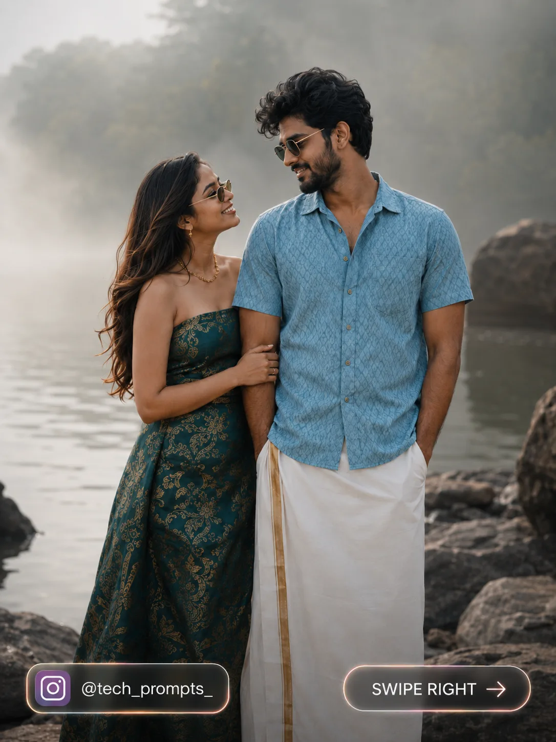 A realistic, high-quality photograph of a stylish young South Indian cou ple standing by a scenic misty lake or river.