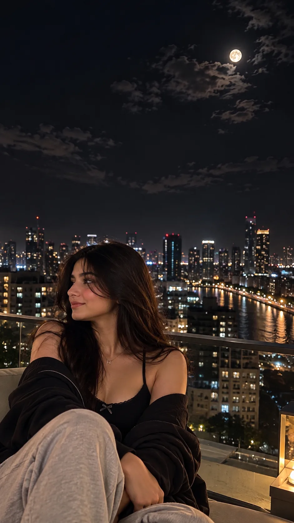 Create a cinematic ultra-realistic vertical photograph of Sofia, a fictional 18-year-old South Asian woman, preserving her established