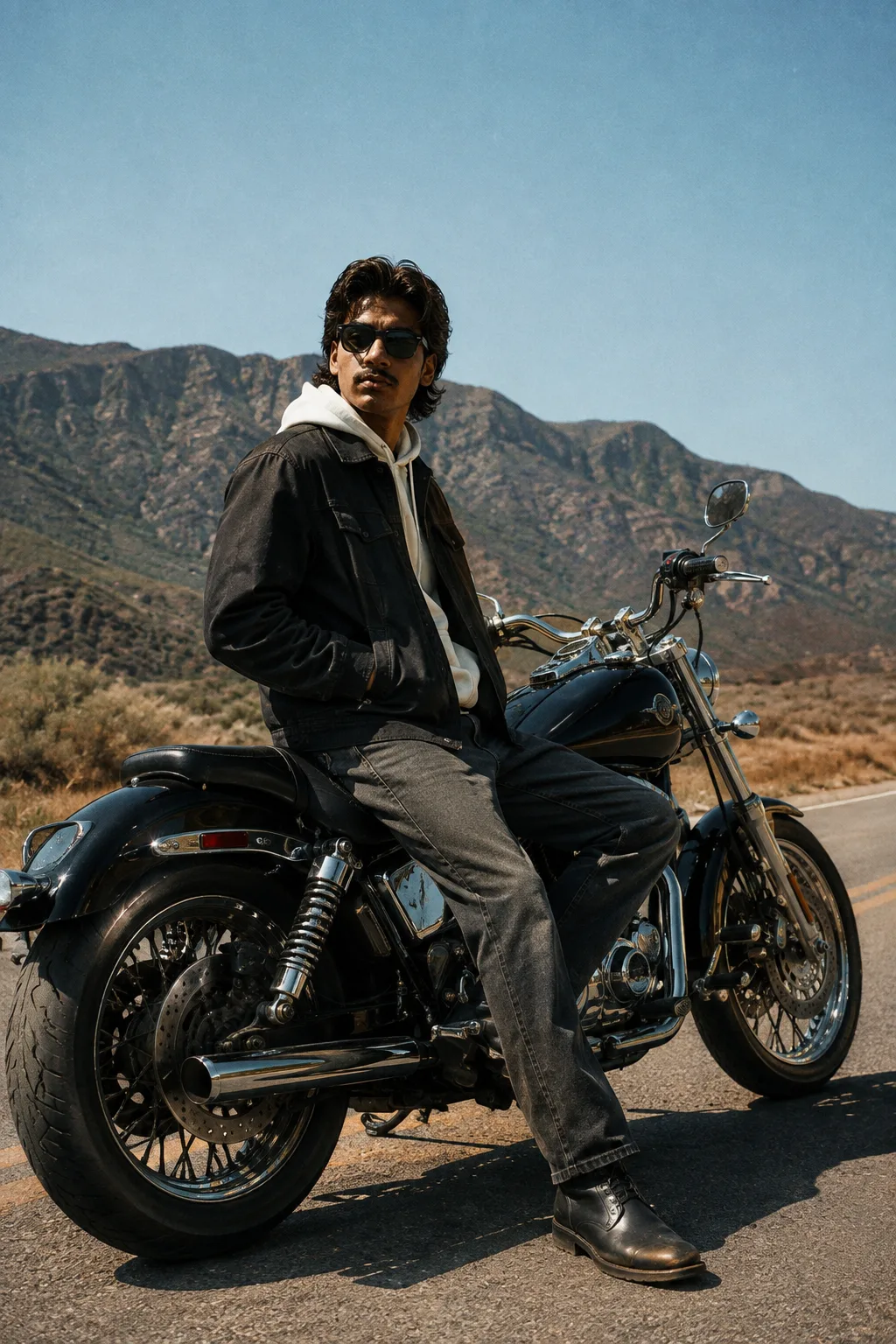 Ultra-realistic cinematic vintage editorial photograph of a young adult man sitting sideways on a classic black motorcycle on an empty