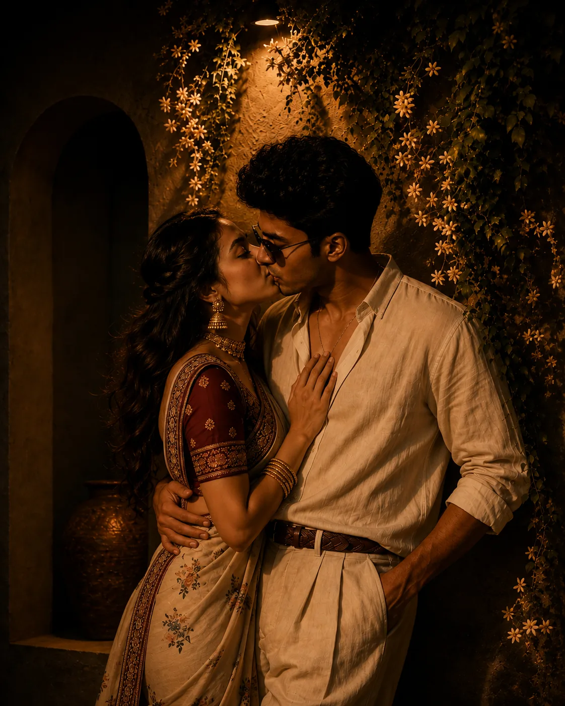 Ultra-realistic cinematic romantic portrait of a young South Asian couple sharing a tender intimate kiss at night in a beautiful rustic