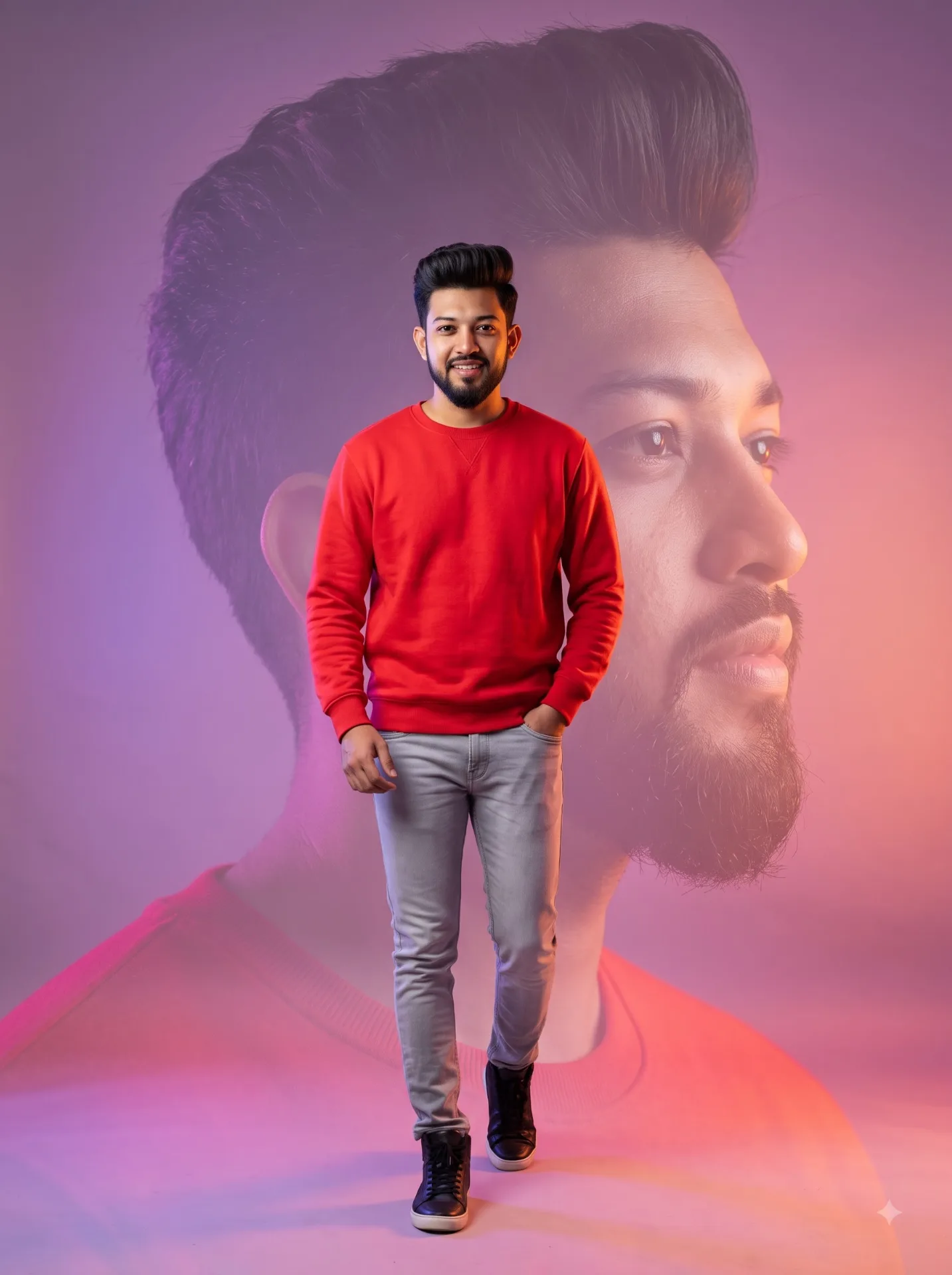 "A high-quality cinematic digital portrait of a stylish young man with a voluminous quiff hairstyle.