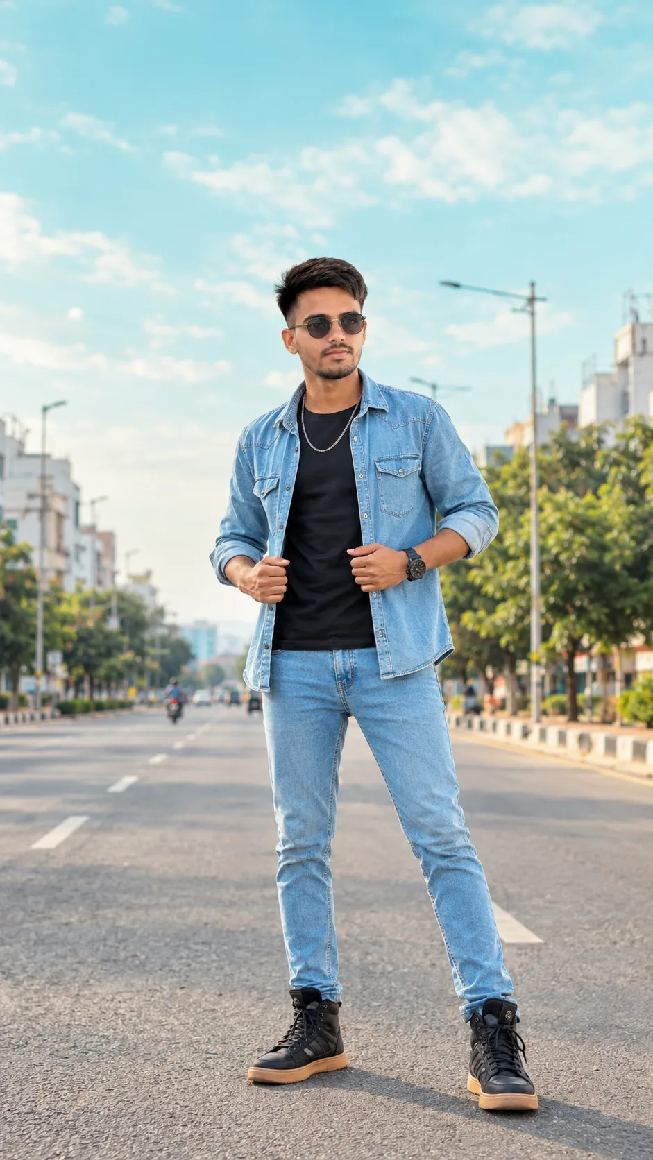 A highly realistic full-body fashion portrait of a young South Asian man standing confidently in the middle of a wide modern city street