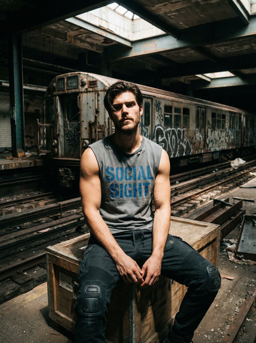 Wide-angle shot of a man sitting on an equipment crate inside an abandoned, dimly lit subway station.