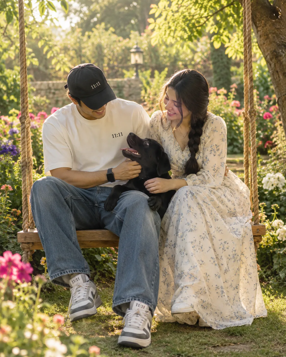 In a serene garden illuminated by golden afternoon sunlight, a couple sits lovingly on a gentle wooden swing, immersed in the beauty of