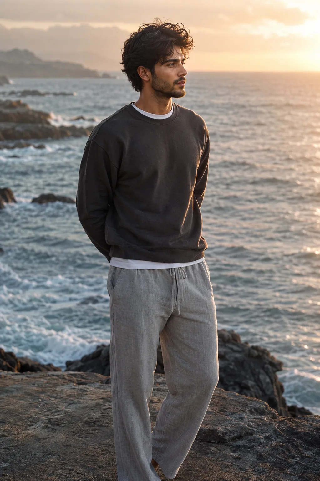 Style: Ultra-Realistic Editorial Photography × Coastal Luxury × Golden-Hour Cinematography × Modern Menswear × Moody Ocean Atmosphere 🔥