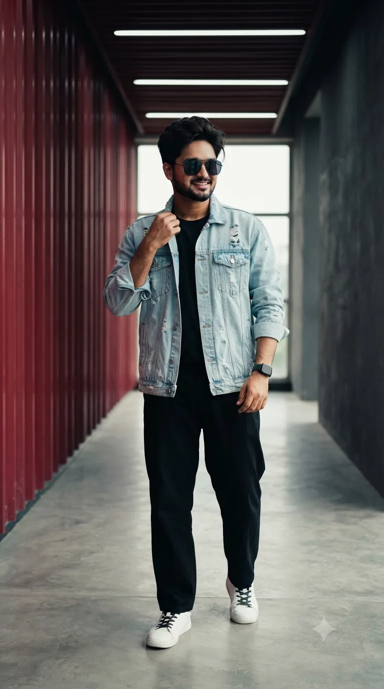 Create an ultra-realistic 4K DSLR full-body fashion portrait of a stylish young man standing confidently in a modern architectural corridor