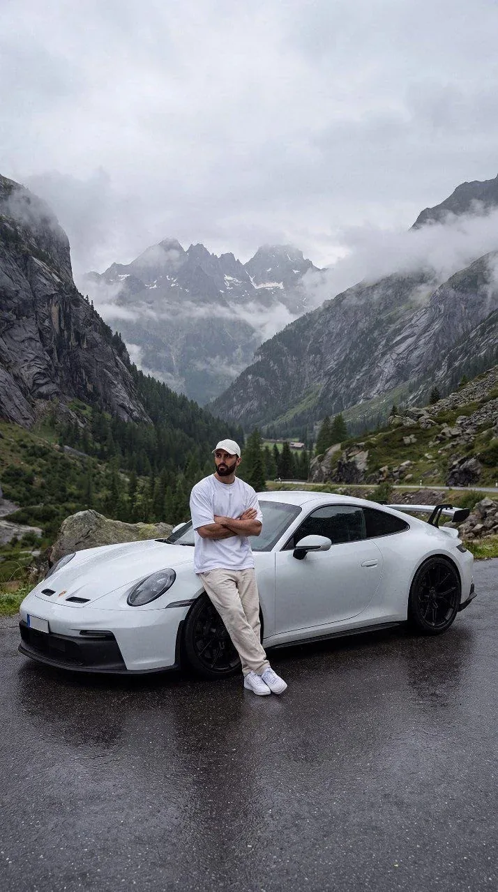 Vertical photorealistic shot in the style of high-end automotive lifestyle photography in the mountains: a young adult male with short dark