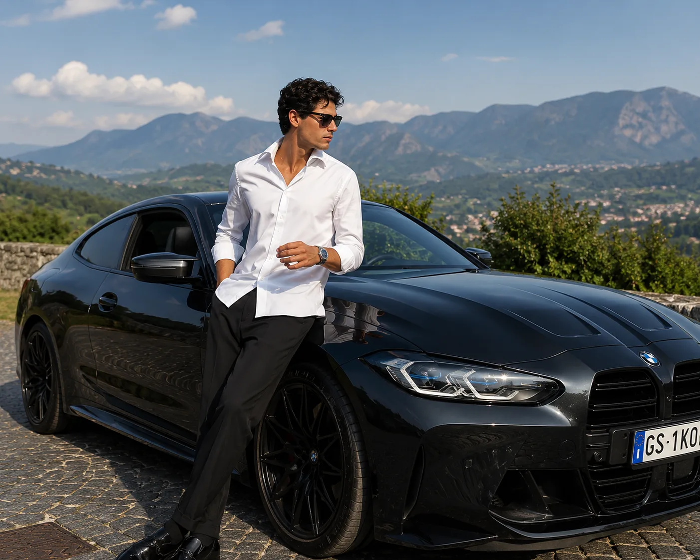 A breathtakingly handsome young male fashion model leaning confidently against a sleek black luxury performance sports sedan parked on an