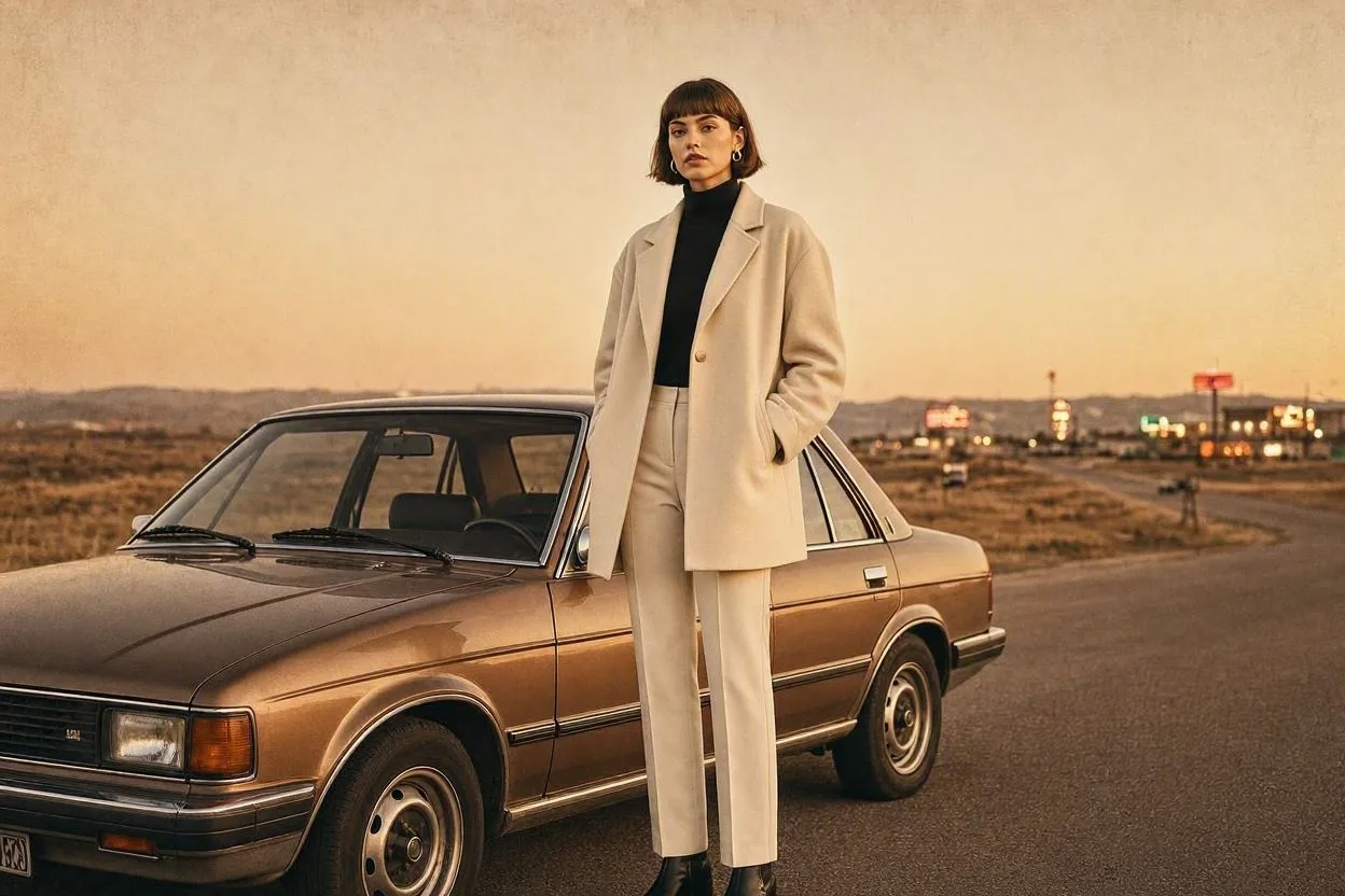 A high-fashion cinematic photograph of a modern woman with a sharp, stylish bob haircut standing confidently next to a vintage 1990s bronze