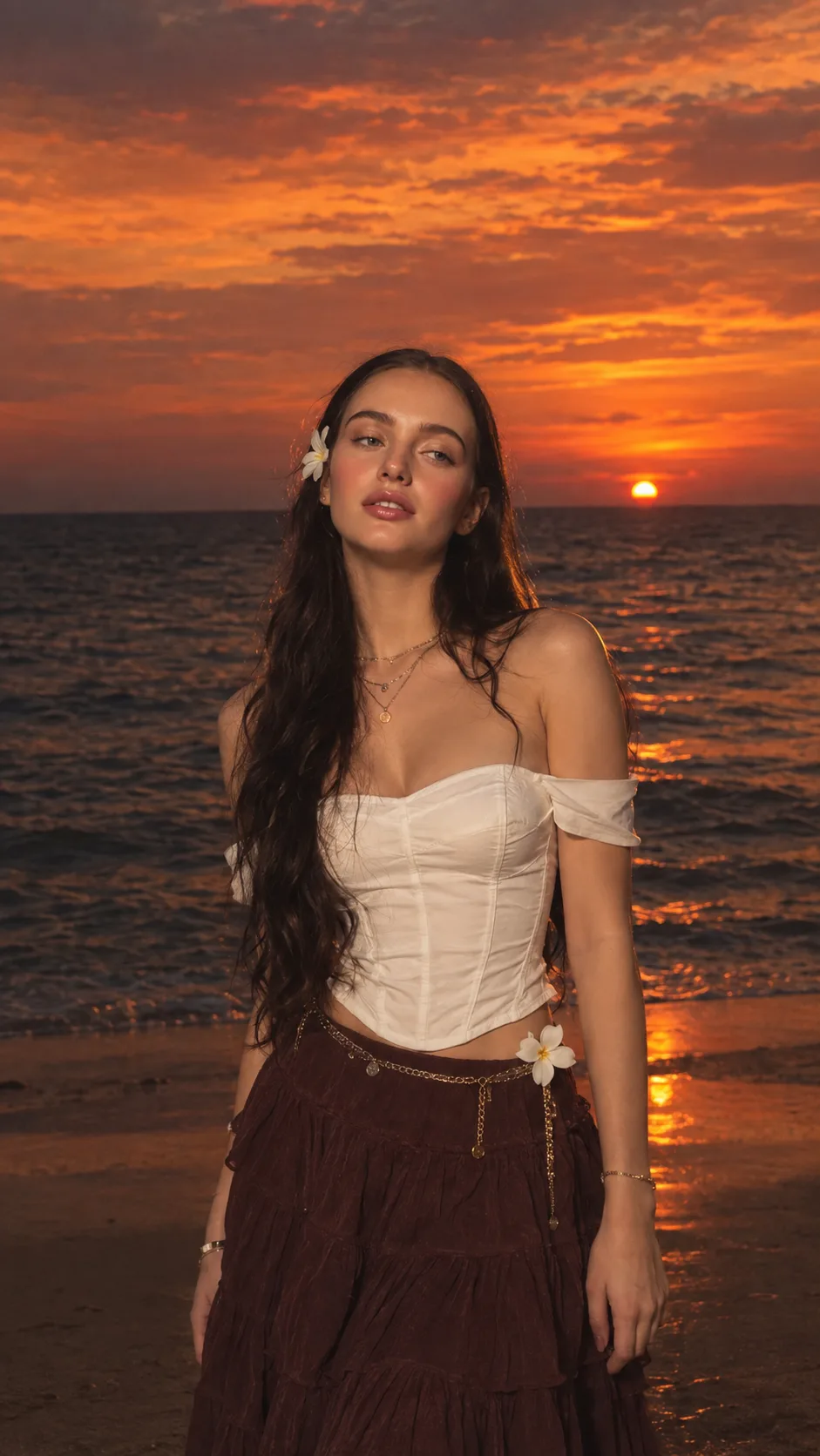 Create a highly photorealistic cinematic sunset portrait.