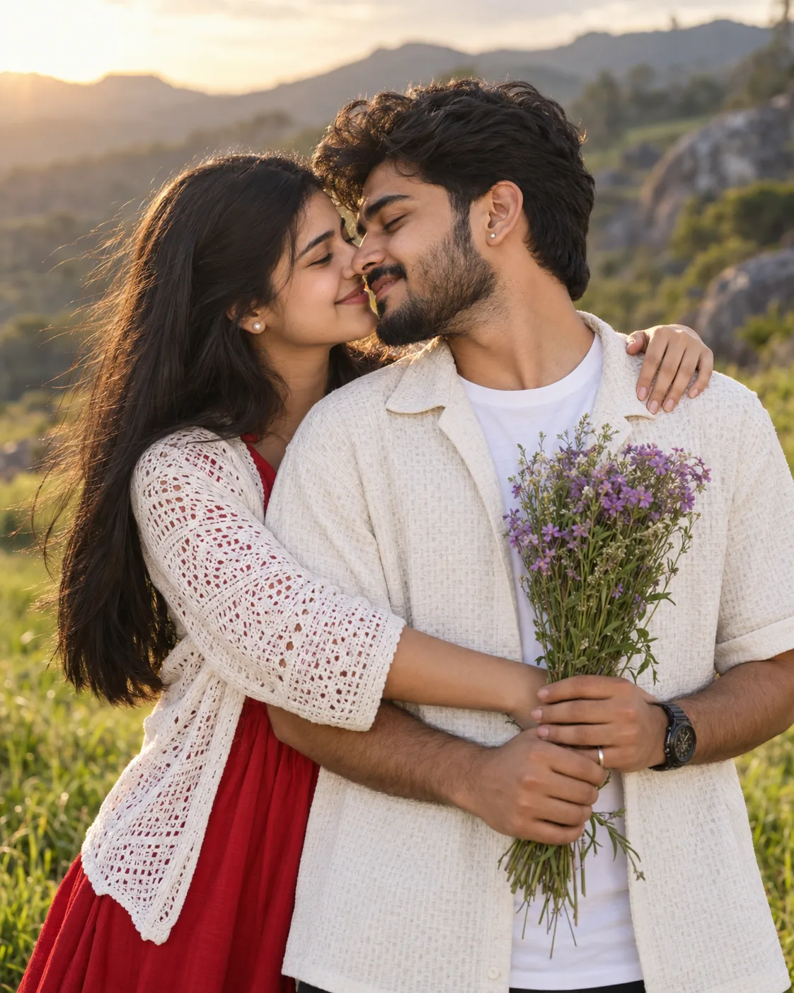 A high-quality, ultra-photorealistic romantic outdoor couple portrait captured during golden hour in a lush green meadow with soft natural