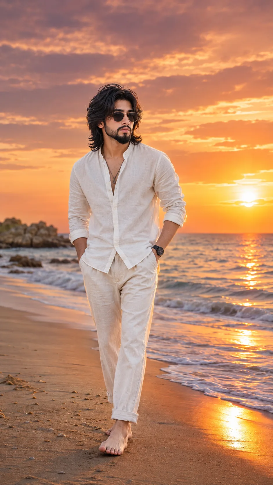 Full-body shot of a stylish young man walking barefoot along a sandy ocean beach during a vibrant sunset.