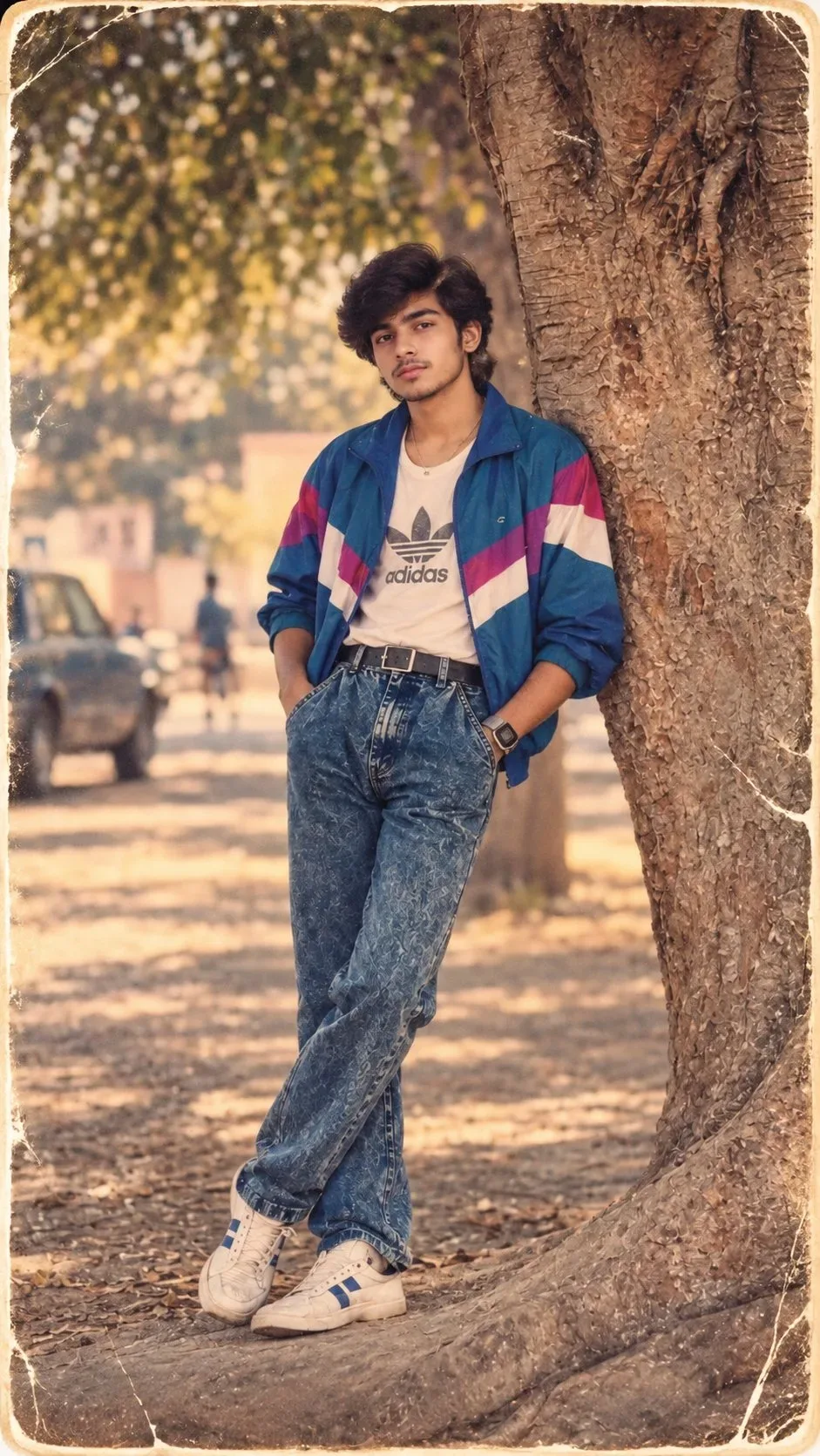Create an ultra-realistic vertical 9:16 portrait that looks like an authentic Indian photograph shot and printed in the 1980s.