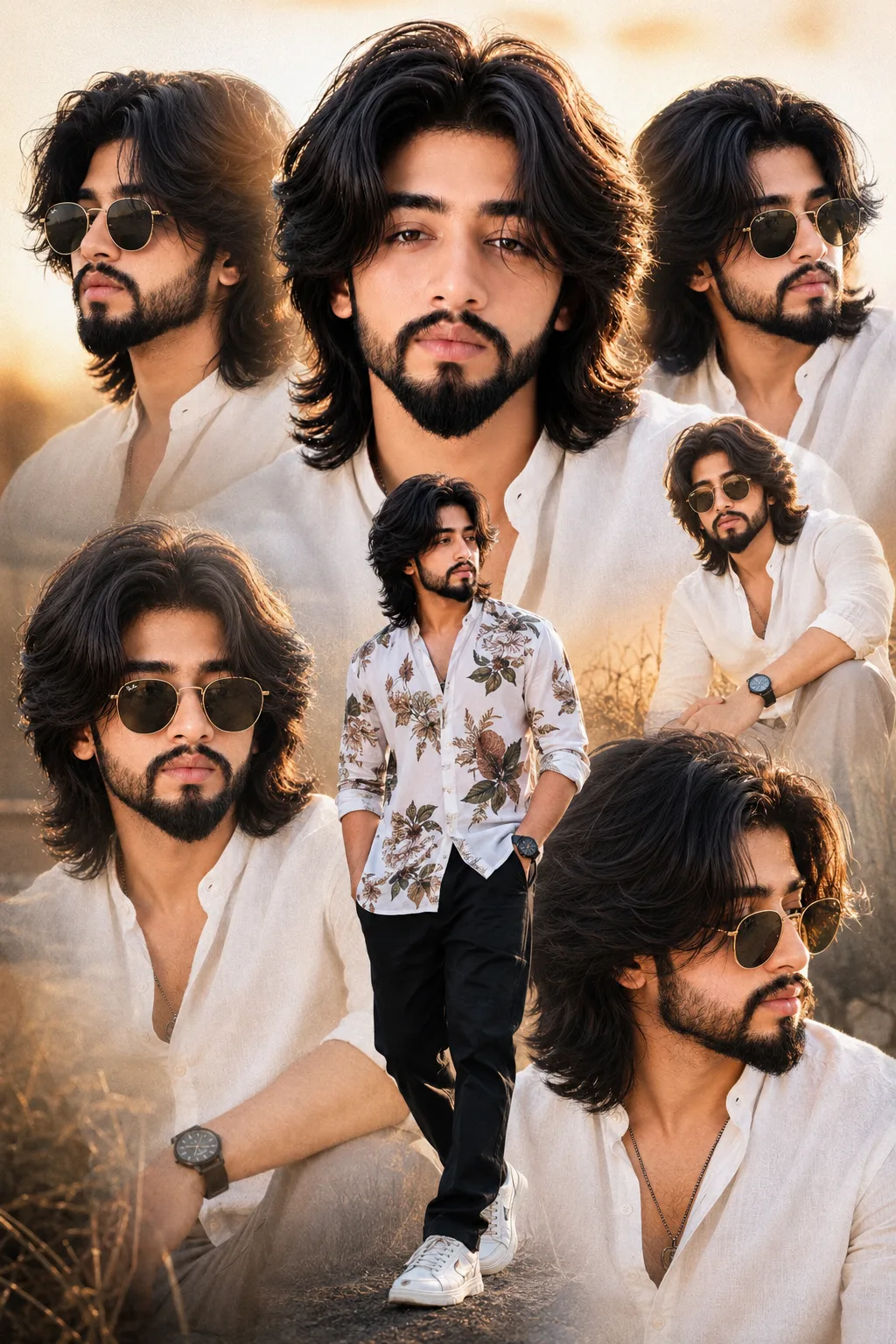 A high-quality photo collage features six distinct portraits and a central full-body shot of a young man in warm, golden hour light.