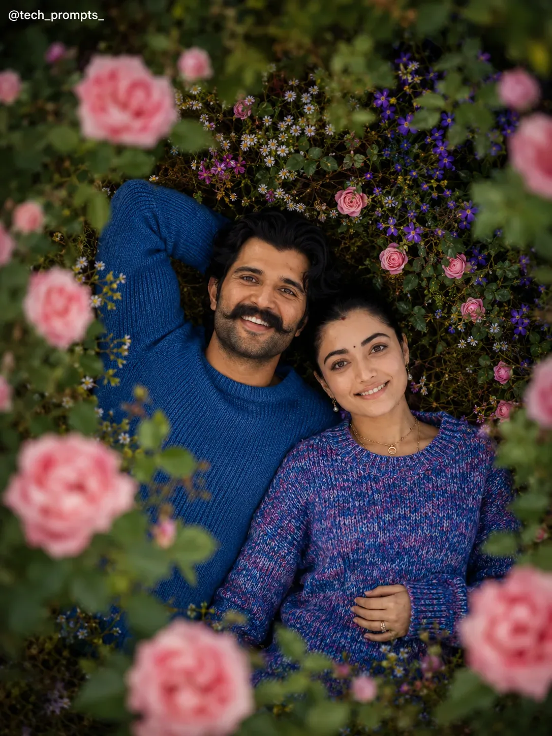 Hyperrealistic-cinematic Create a image of this couple captured from a drone angle looking directly downward through a wild rose thicket