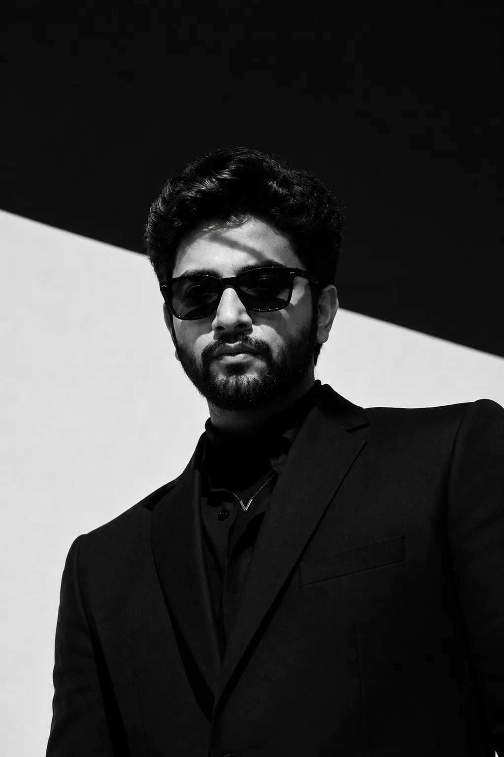 A highly cinematic, photorealistic black-and-white editorial portrait of a handsome young adult man photographed from a dramatic low angle,
