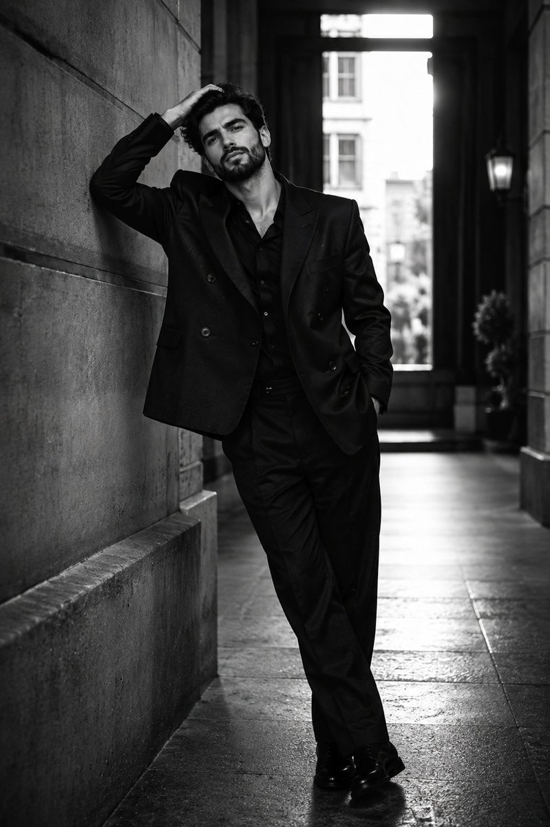Image created on Gpt 2 Prompt: Ultra-realistic cinematic black-and-white fashion portrait of a handsome young man in his early 20s,